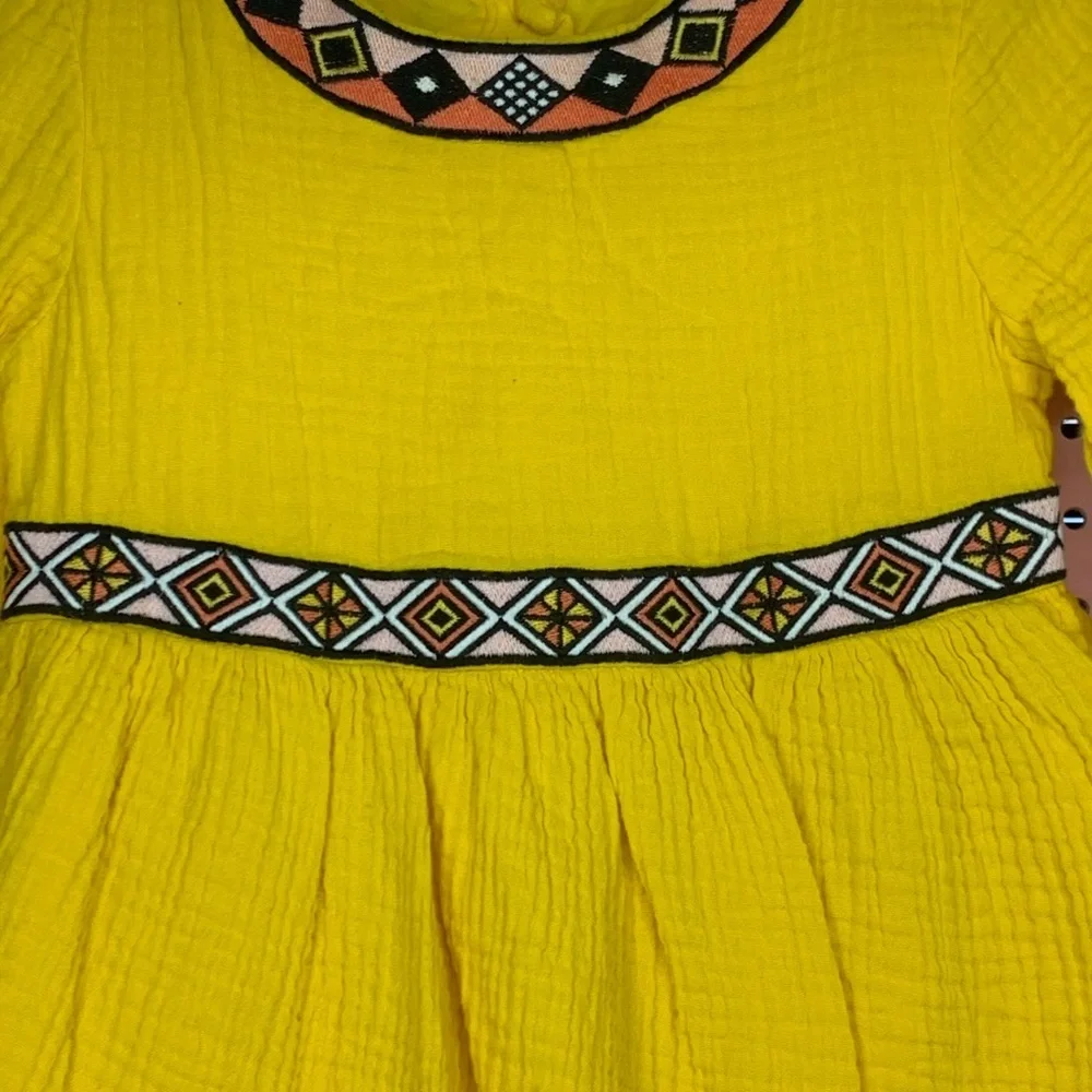 OshKosh B’gosh Mustard Yellow Gauze Dress. Embroidered Trim. 4T. Great Condition